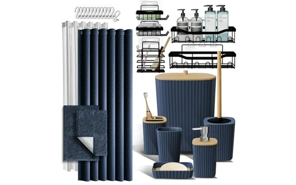 Hearth & Harbor 27 Piece Bamboo Bathroom Sets Navy Blue Bathroom Accessories Set With Bathroom Rugs And Shower Caddy Set