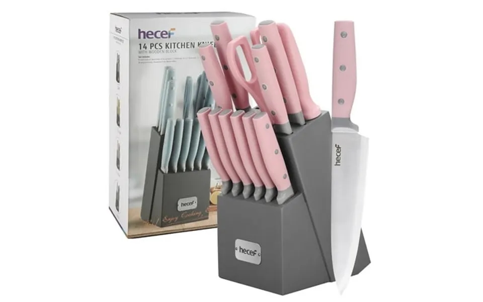 Hecef 14-piece Pink Knife Set With Block And Sharpener Stainless Steel Kitchen Knives For Cooking And Cutting