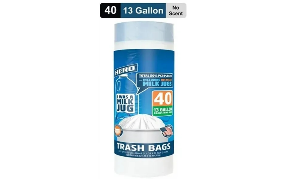 Hero I Was A Milk Jug 13-gallon Trash Bags 40 Count Unscented Recycled Office Kitchen 50% Pcr