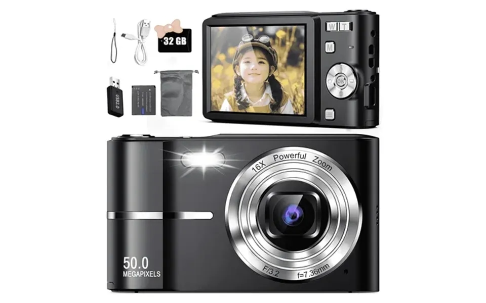 Hinzonek 1080p 50mp Digital Camera Kids Camera With 32gb Card Fhd Vlogging Lcd Screen 16x Zoom Compact Portable Mini Rec