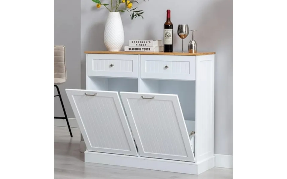 Hlivelood Double Trash Cabinet Tilt Out 20 Gallon Pet Proof Kitchen Trash Cabinet Laundry Hamper With Cutting Board Wood