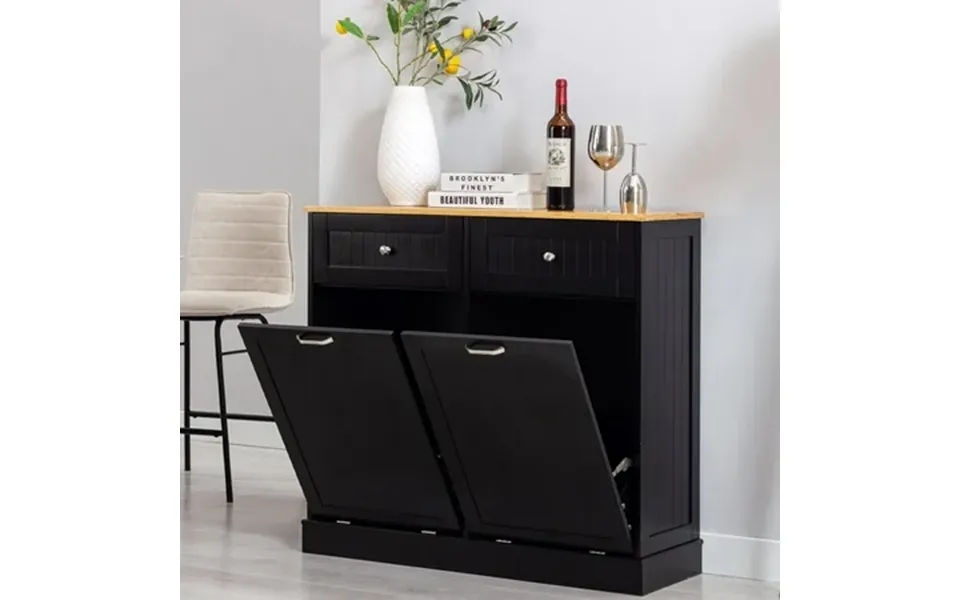 Hlivelood Double Trash Cabinet Tilt Out 20 Gallon Pet Proof Kitchen Trash Cabinet Laundry Hamper With Cutting Board Wood