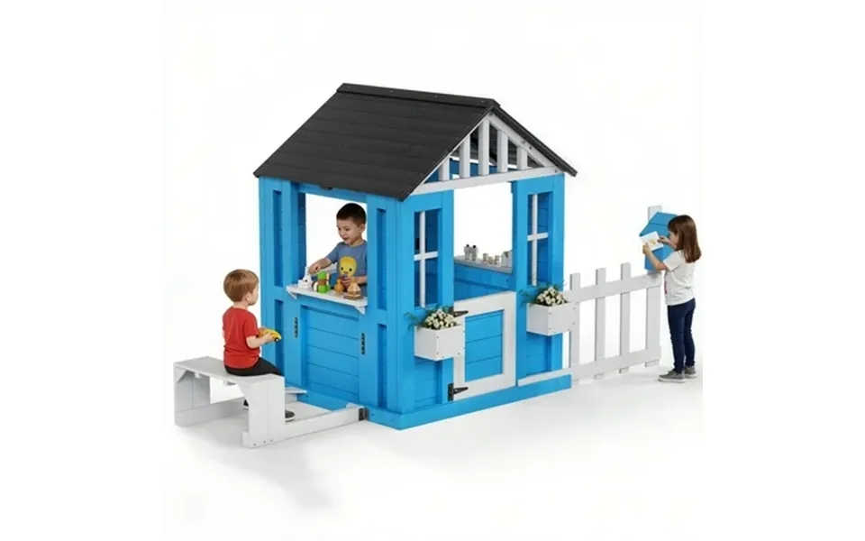 Holaki Outdoor Playhouse For Kids Wooden Kids Play House W Picnic Bench Half Door Windows Mailbox Fence Flower Pot Holde