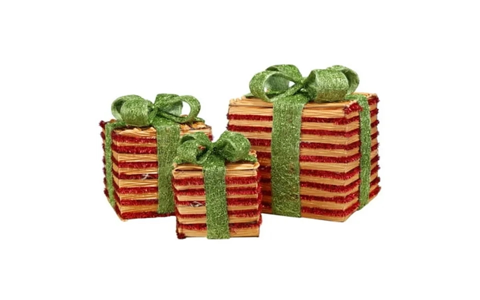 Homegear Christmas Set Of 3 Pre-lit Gift Present Boxes W 60 Led Lights - Indoor Outdoor Yard Lawn Use- Wicker Green Bow