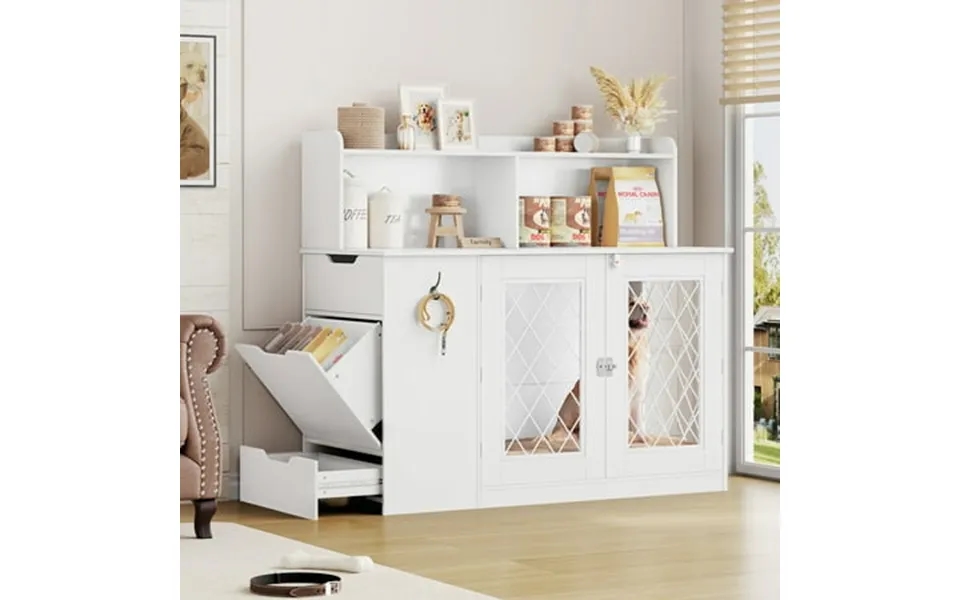 Homfa Dog Crate With Storage Cabinet And Feeding Station Indoor Furniture Style Wooden Large Dog Kennel White