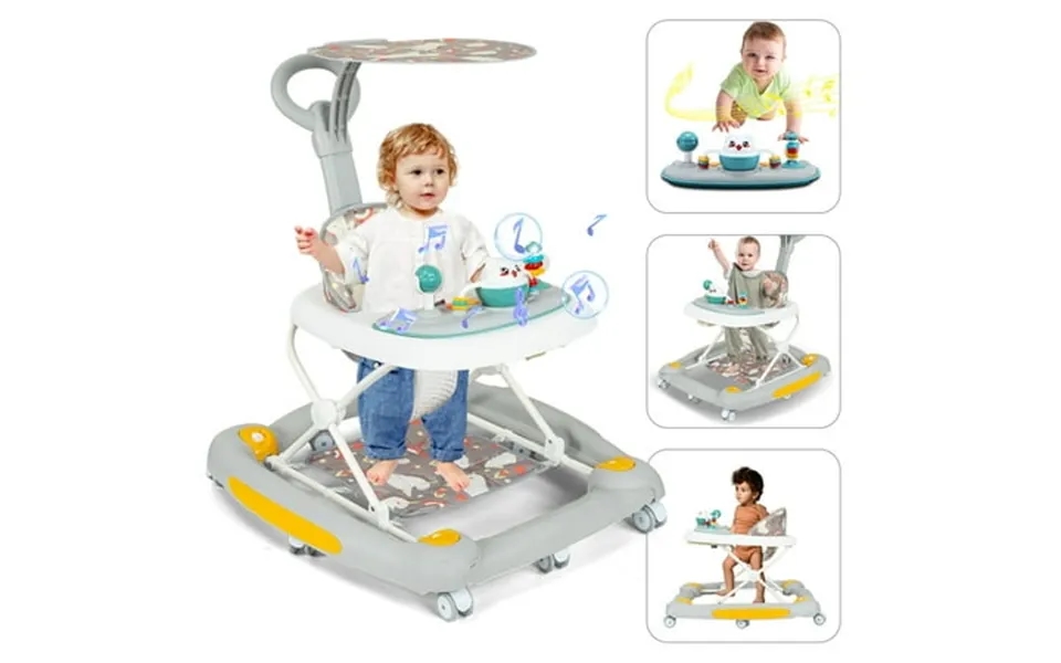 Huber 6-in-1 Baby Walker Musical Activity Push Walker With Detachable Awning Footrest Gray