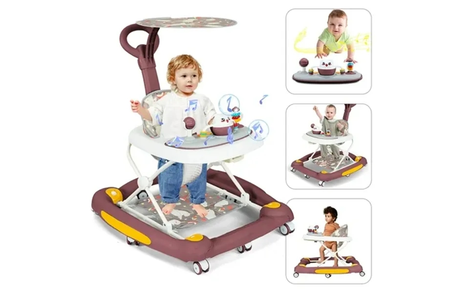 Huber 6-in-1 Baby Walker Musical Activity Push Walker With Detachable Awning Footrest Red