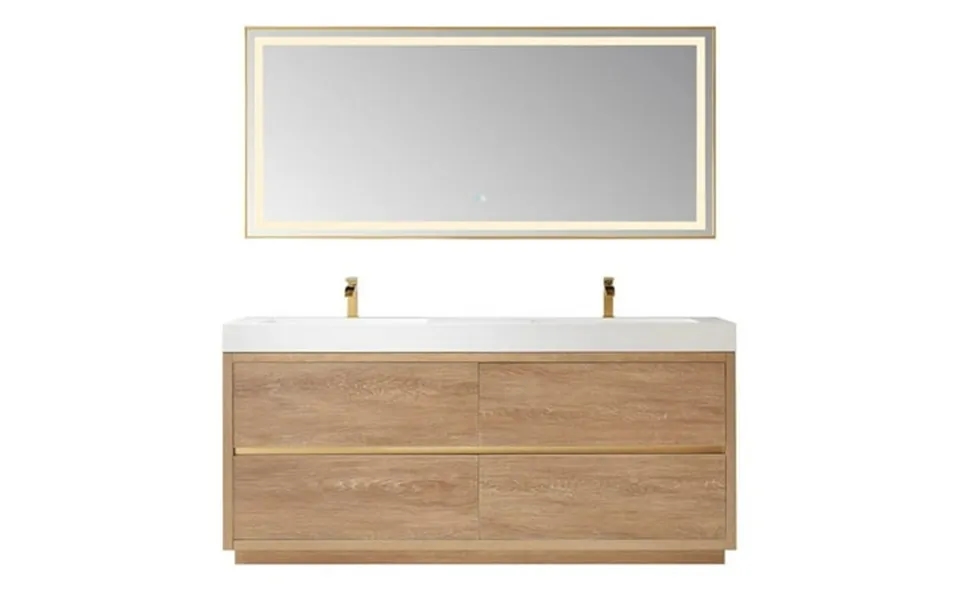 Huesca 72 Double Sink Bathroom Vanity Natural Oak Wood White Top With Mirror