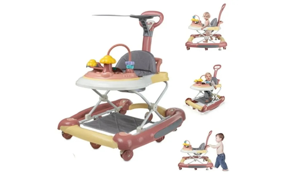 Hurber 4-in-1 Baby Walker Music Activity Push Walker With Wheel Foldable And Height Adjustable Pink