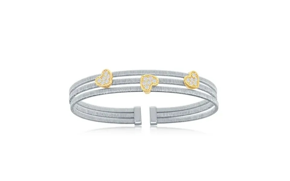 Ijewelry2 Bonded 14k Gold Plating Heart Shapes Clear Cz Sterling Silver Triple Wire Bangle Bracelet