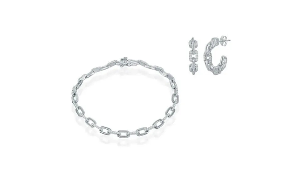 Ijewelry2 Sterling Silver Clear Cz Paperclip Linked Chain Bracelet And Hoop Earrings