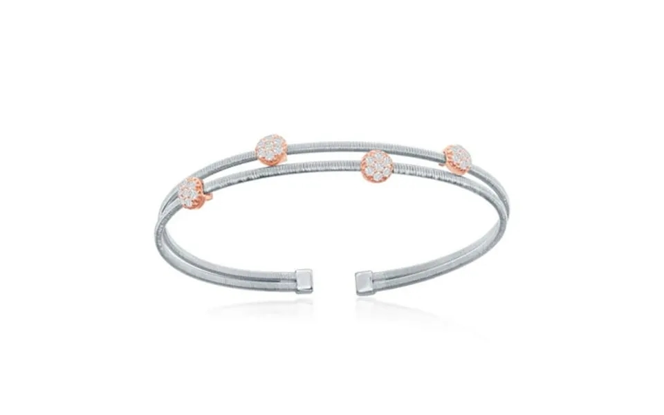 Ijewelry2 Sterling Silver Interlaced Triple Wire With Bonded 14k Rose Gold Flat Beads Cz Bangle Bracelet