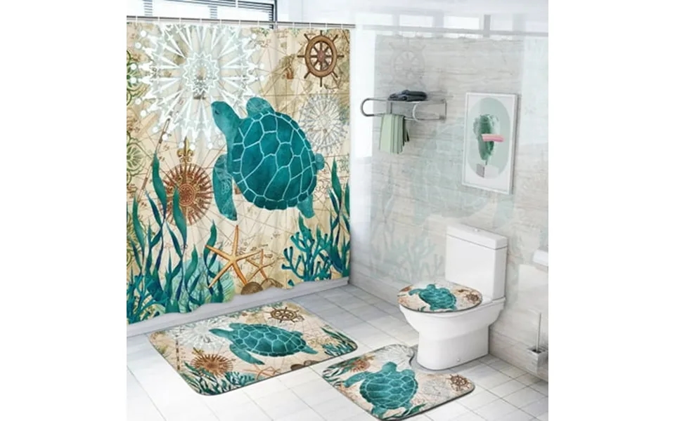 Ikfashoni Sea Turtle Bathroom Sets Teal Nautical Shower Curtains And Bath Rug Set And Toilet Lid Cover