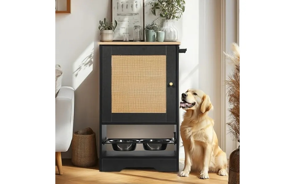 Imkhk Pet Feeding Station With 2 Pull-out Dog Bowls Dog Food Storage Cabinet With 3 Side Hooks Dog Feeder Station Furnit