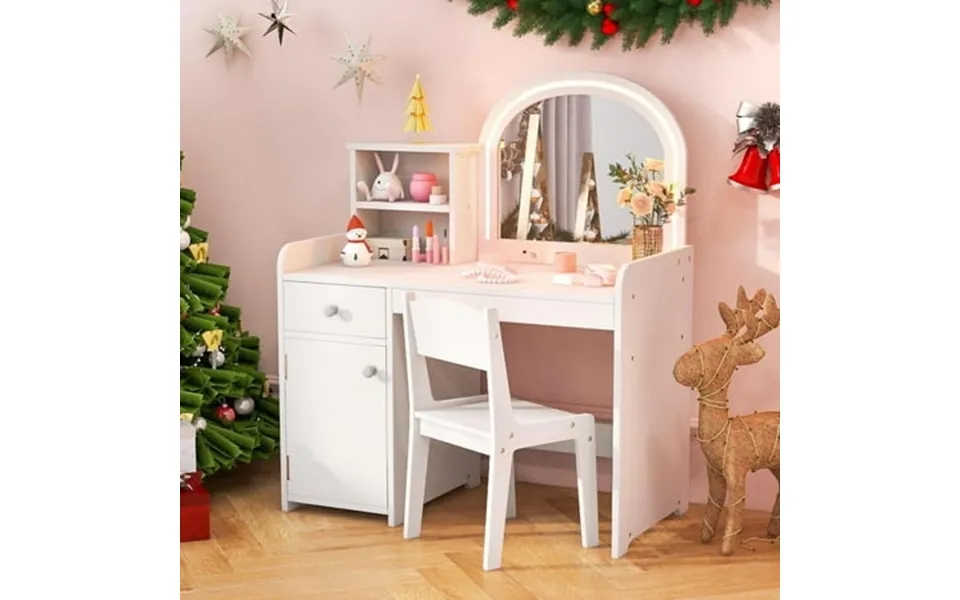 Infans Kids Vanity Princess Makeup Desk And Chair Set With Lights Mirror Drawer Storage Shelves Wooden Dressing Table Pr