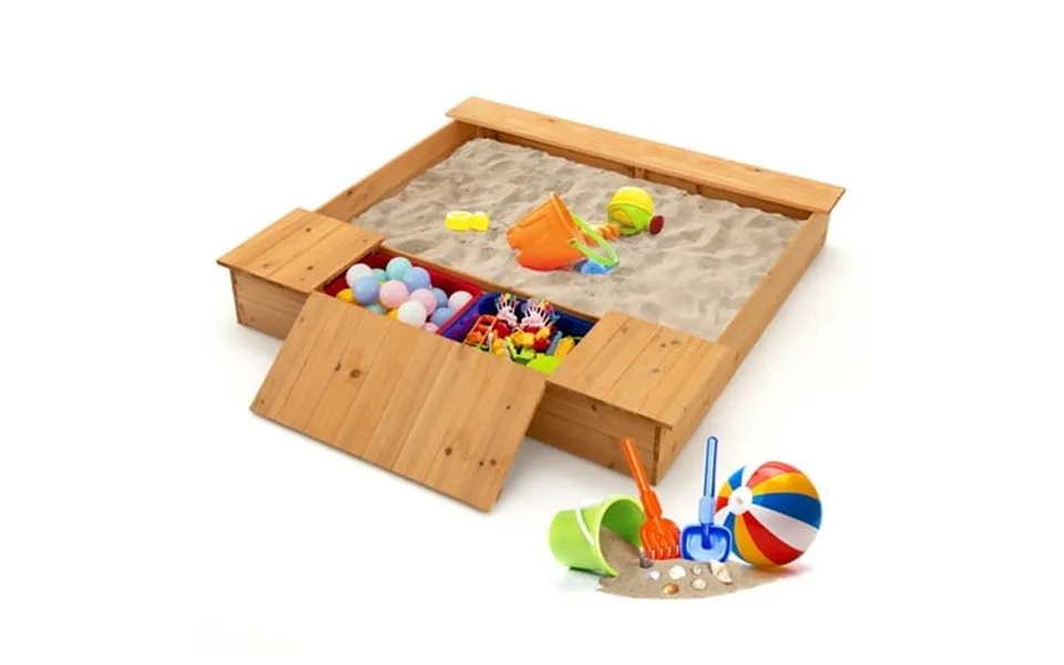 Infans Kids Wooden Sandbox W Bench Seats & Storage Boxes Children Outdoor Playset