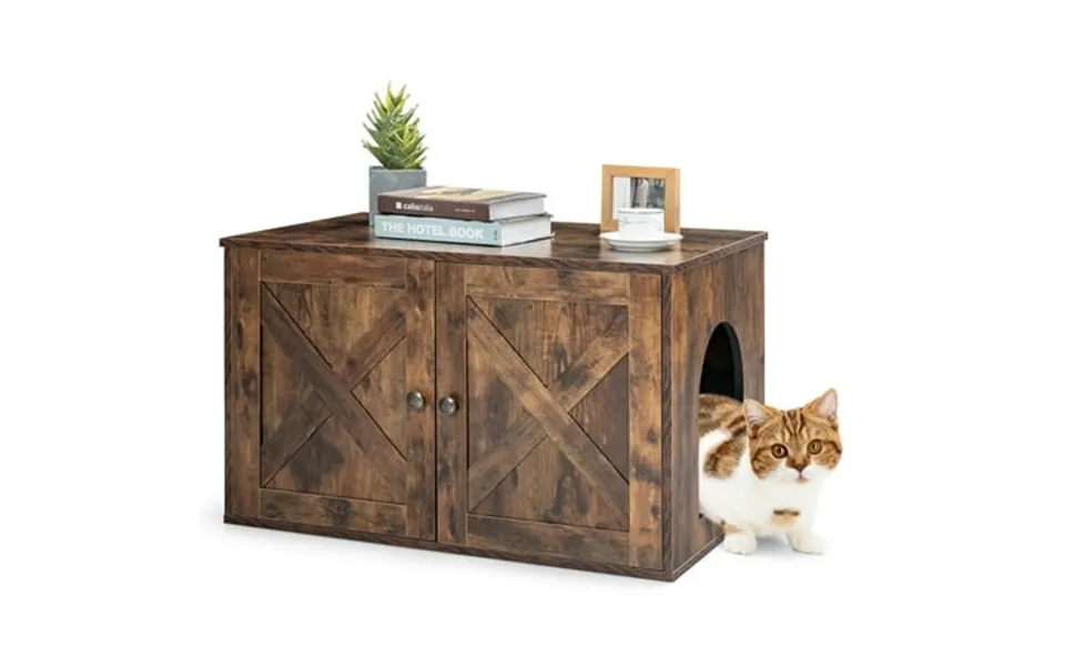 Infans Wooden Cat Litter Box Enclosure Hidden Cabinet Furniture W Divider Pet House