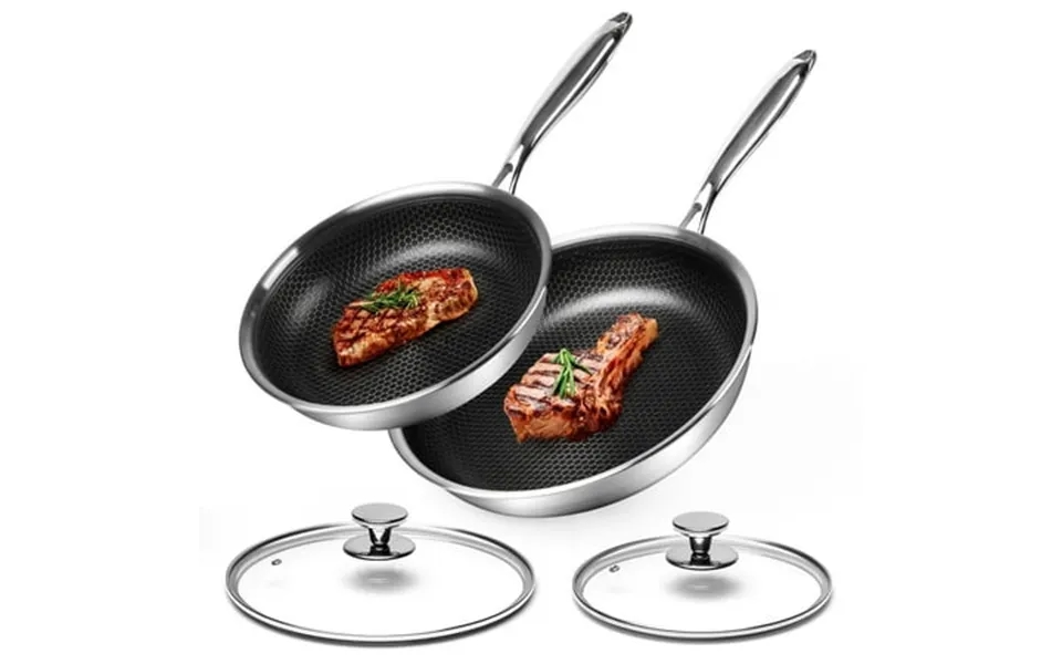 Innerwell 4pcs Stainless Steel Frying Pan Cookware Set Non-stick Honeycomb Frying Pan Lid Stay Cool Handle