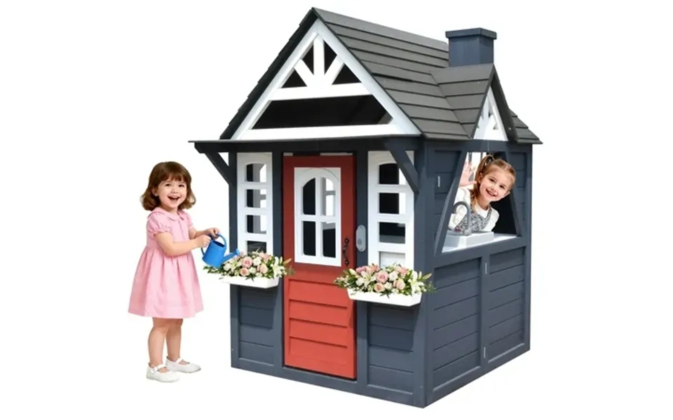 Irerts Outdoor Playhouse Wooden Playhouse For Kids Play House With Front Door Flower Pot Holders Stove Sink Doorbell Win