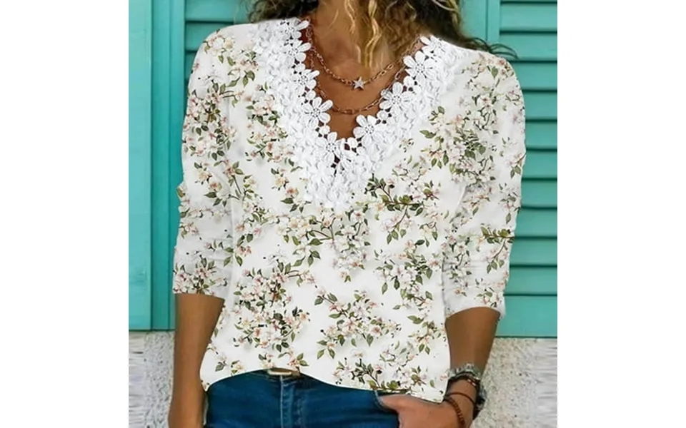 Jicehd Blouse-clearances Casual Tops For Women Crochet Lace Trim V Neck Loose Blouse Shirt Long Sleeve Drop Shoulder Boh