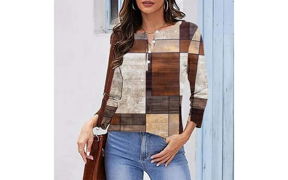 Jicehd Blouse-clearances Henley V Neck Neck Long Sleeve Plaid Printed Shirt Color Block 1 2 Button Down Loose Trendy Blo