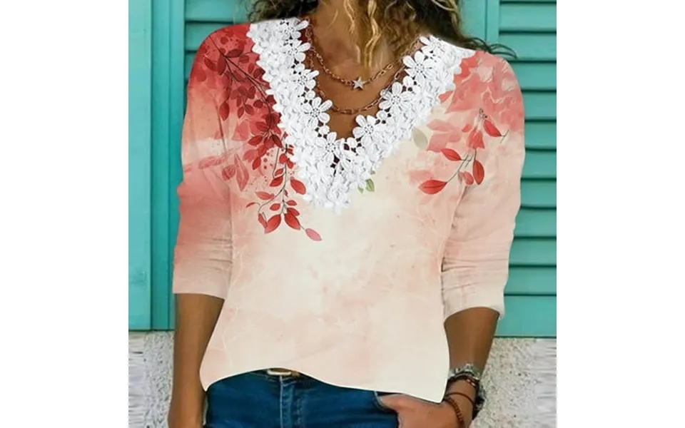 Jicehd Blouse-clearances Womens Gradient Plant Printed Long Sleeve Tops Crochet Lace Trim Color Block Casual Overiszed T