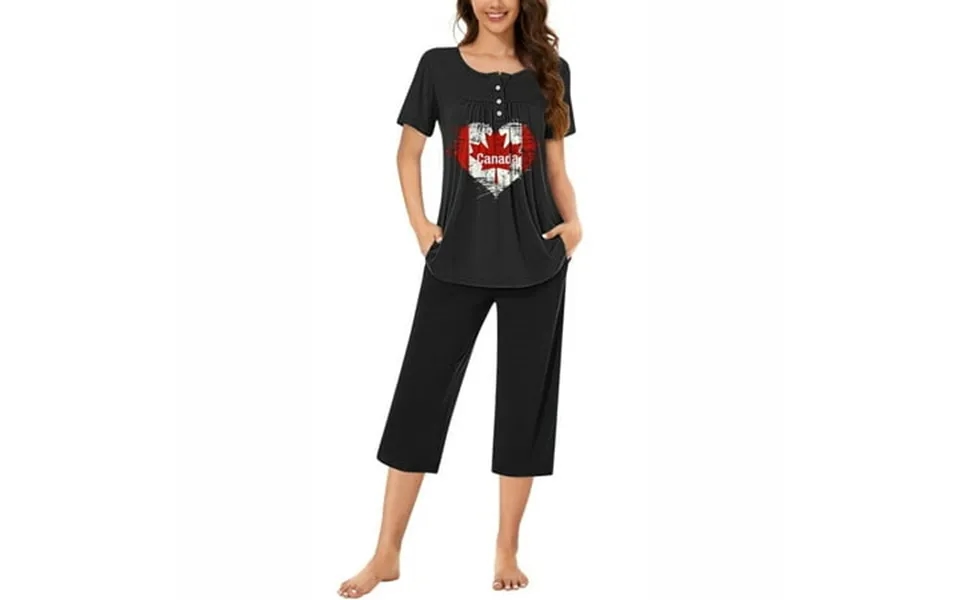 Jicehd Pajama Set Fall-clearances 2 Piece Women S Lounge Crew Neck Button Tops Cropped Pants Maple Leaf Love Print Soft