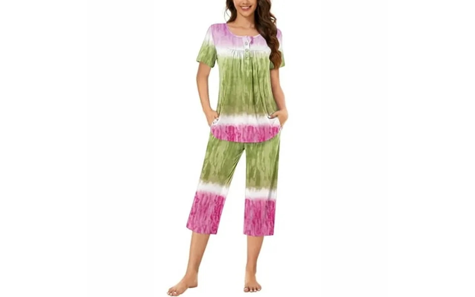 Jicehd Pajama Set Fall-clearances 2 Piece Womens Pajama Sets Short Sleeve Button Pleated Pullover Tops With Capri Pant S