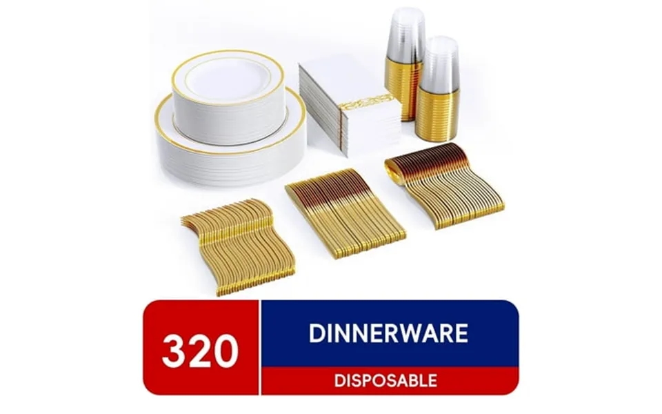 Jolly Chef 320 Piece Gold Rim Disposable Plastic Plates Dinnerware Sets 45 Guests