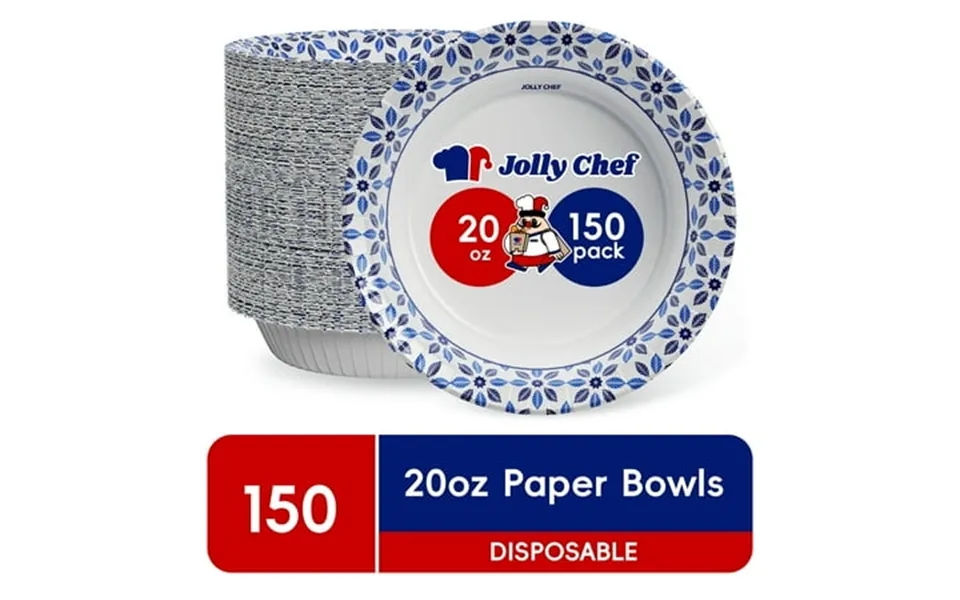Jolly Chef Disposable Paper Bowls Strong Soak Proof Microwave Safe 20 Oz Patterned 150 Count