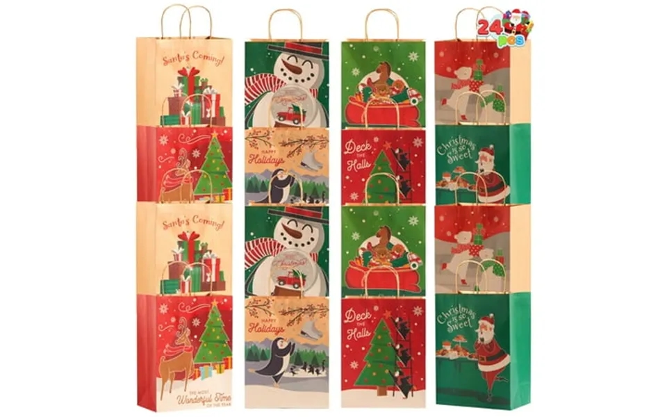 Joyfy 24 Pcs Christmas Kraft Gift Bags With Handles 8 Assorted Christmas Designs Goodie Bags For Classrooms Party Favors
