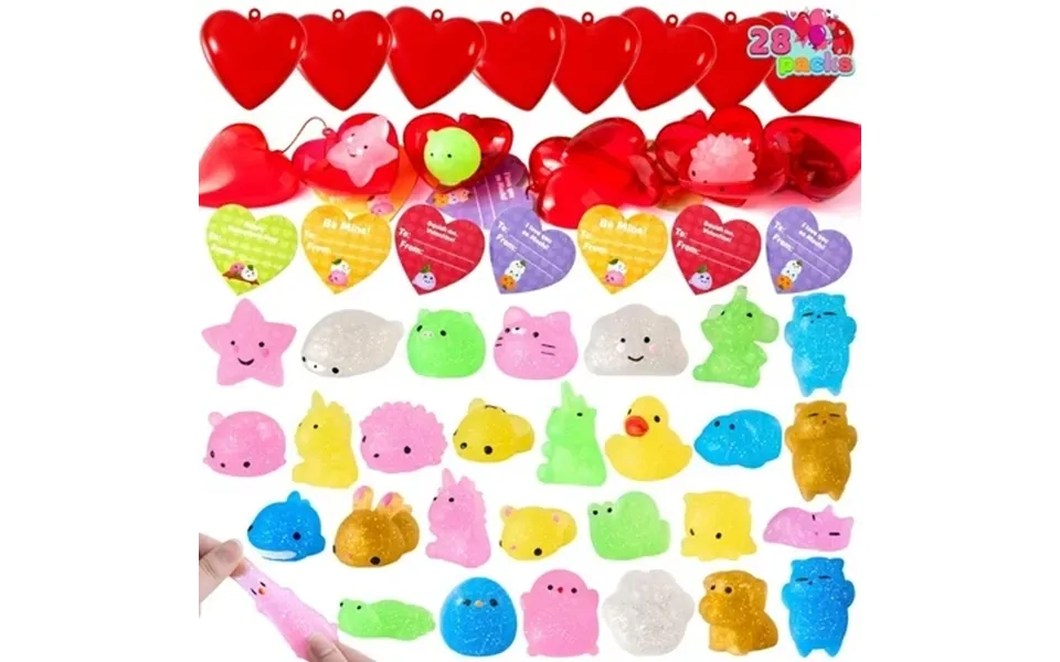 Joyfy 28 Packs Valentine Cards With Mochi Squishy Toys For Kids Filled Heart With Kawaii Glitter Squishy Toys For Kids V