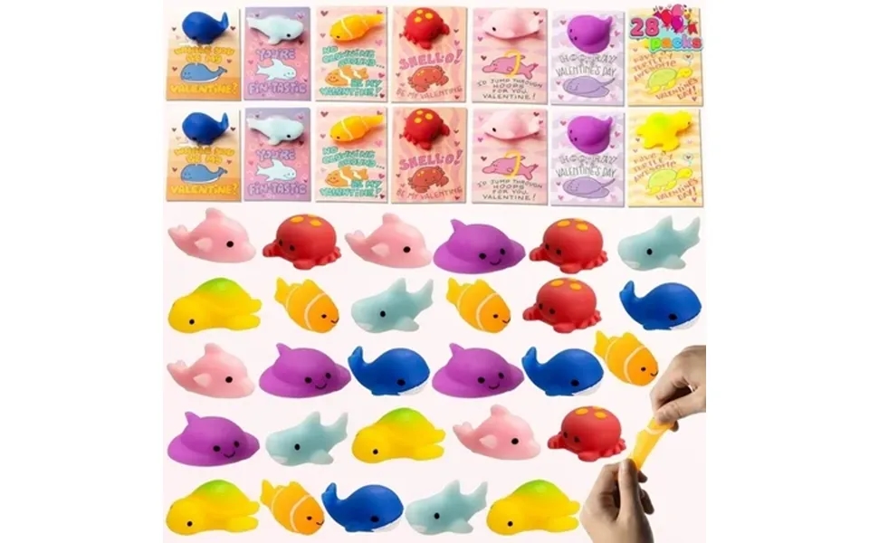 Joyfy 28 Packs Valentines Cards With Mochi Squishy Toys For Kids Valentine Kawaii Stress Relief Mochi Squishy Toys For K