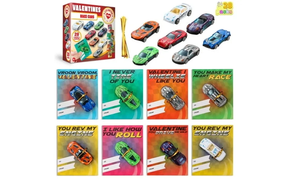 Joyfy 28 Packs Valentines Day Cards With Die-cast Racing Cars Vehicle For Kids Boys Valentines School Class Gifts Valent
