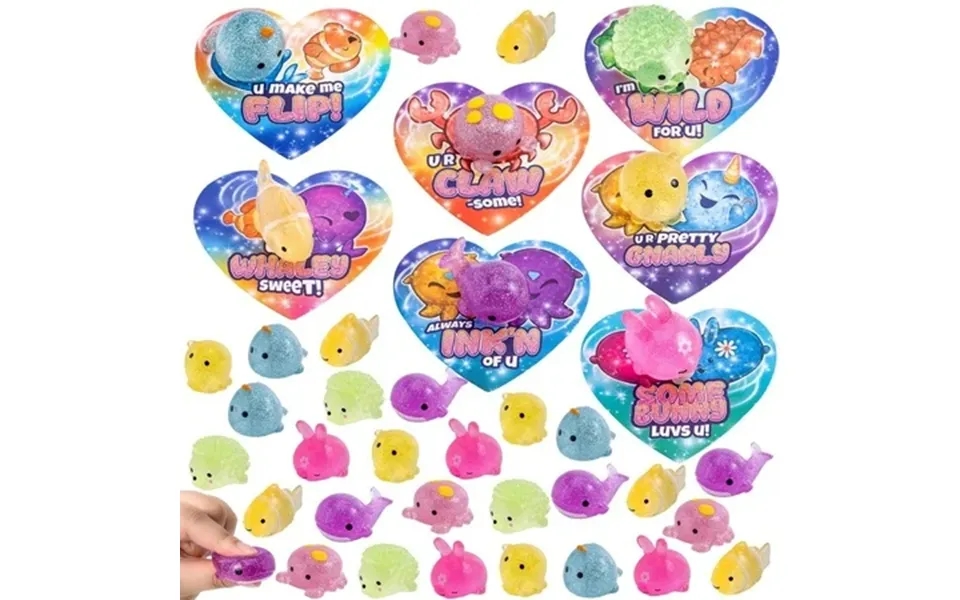 Joyfy 28 Packs Valentines Day Cards With Glitter Mochi Squishy Toys Pack Cute Squeeze Fidget Toys For Kids Valentine Sch