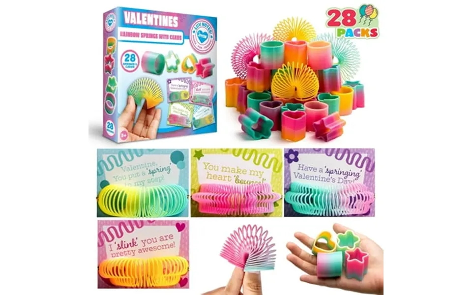 Joyfy 28 Packs Valentines Day Cards With Rainbow Springs Toys Fidget Valentines For Kids Class Valentines Games Favors