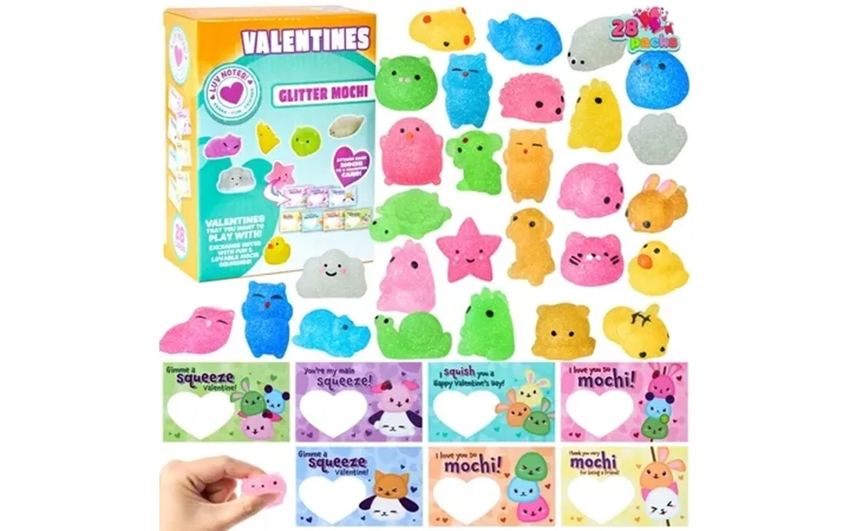 Joyfy 28 Packs Valentines Day Cards With Squishy Toys For Kids Glitter Mochi Animal Squeeze Fidget Toys Valentines For K