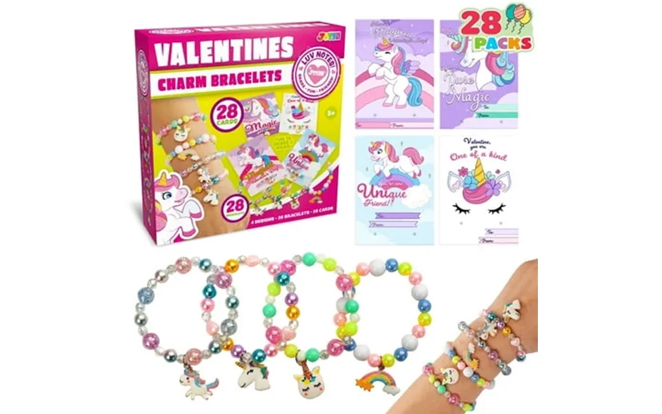 Joyfy 28 Packs Valentines Day Cards With Unicorn Bracelets For Kids Valentines School Classroom Exchange Cards Valentine