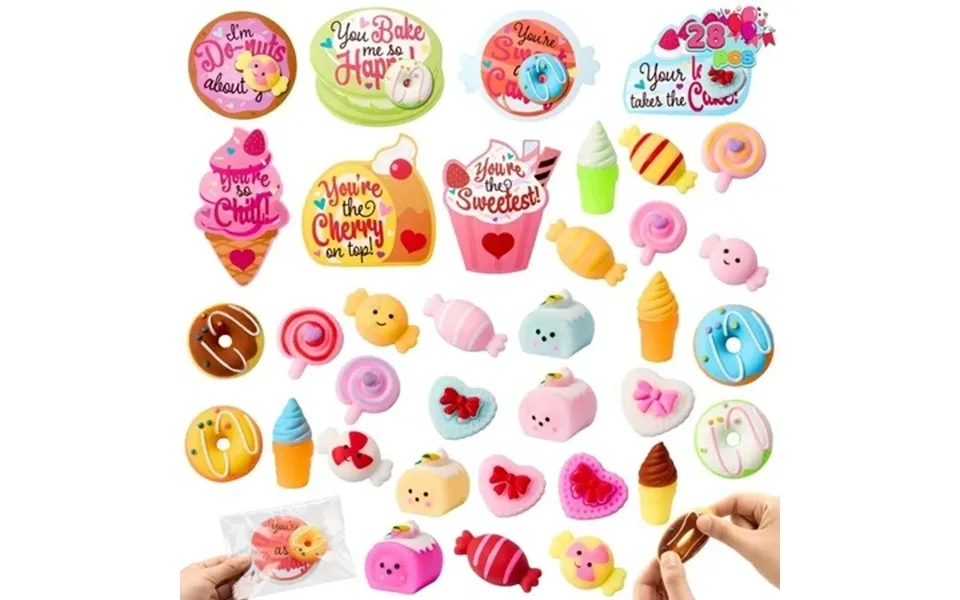 Joyfy 28 Packs Valentine’s Day Gift Cards With Candy Mochi Squishy Toys Stress Relief Fidget Toys Cute Squeeze Toys For