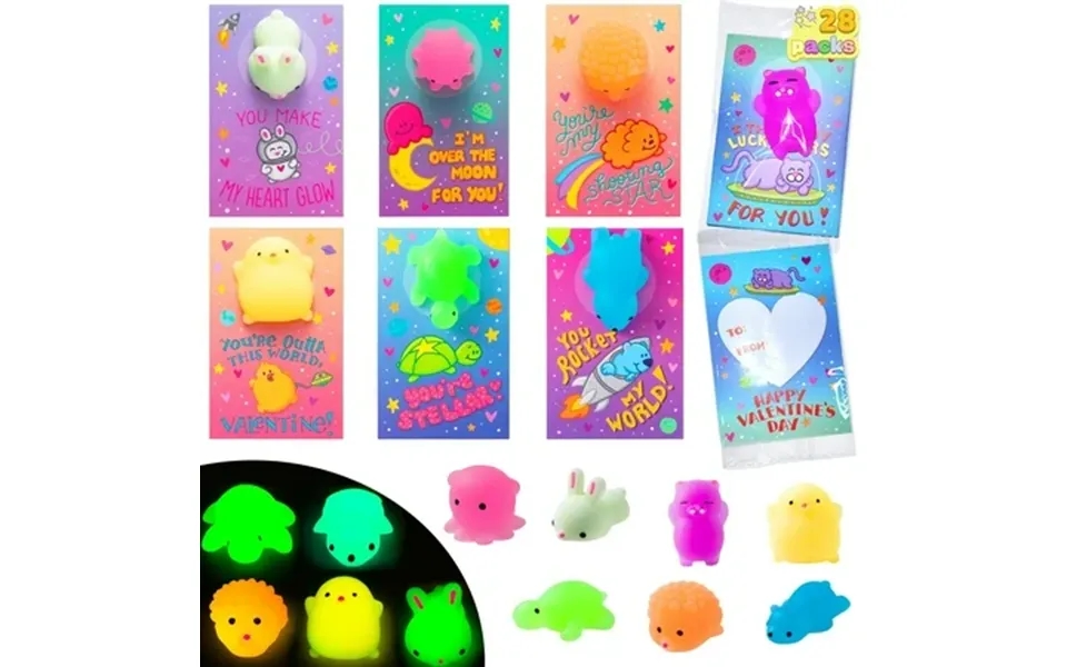 Joyfy 28 Packs Valentines Day Gift Cards With Mochi Squishy Toys Squishies Glow In The Dark Fidget Toy For Kids Valentin