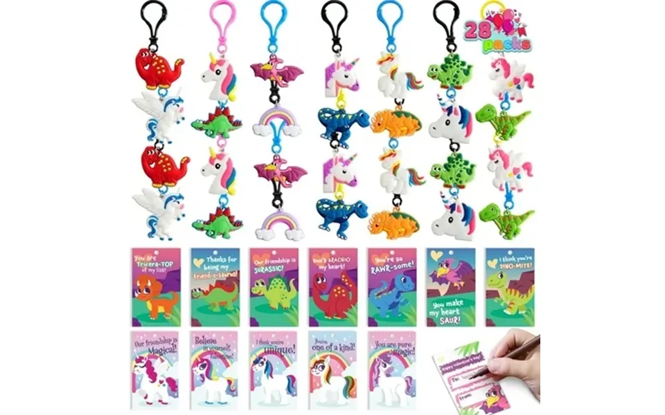Joyfy 28 Packs Valentines Day Toys Set Valentines Cards With Unicorn Dinosaur Gift Set For Kids Valentines Classroom Exc