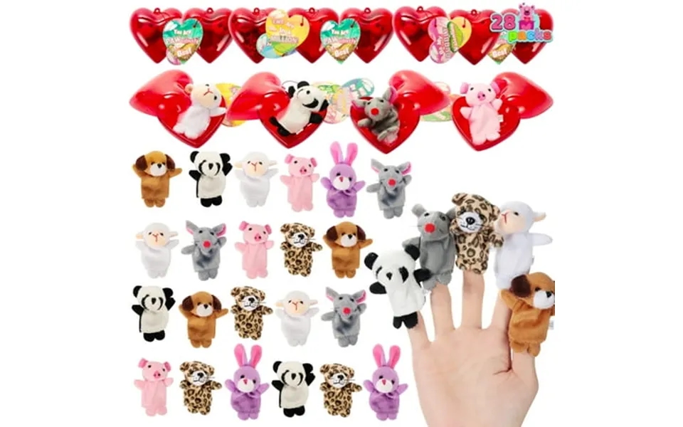 Joyfy 28-pack Valentine S Day Pre-assembled Hearts With Plush Animal Finger Puppets And Valentine S Day Cards For Kids