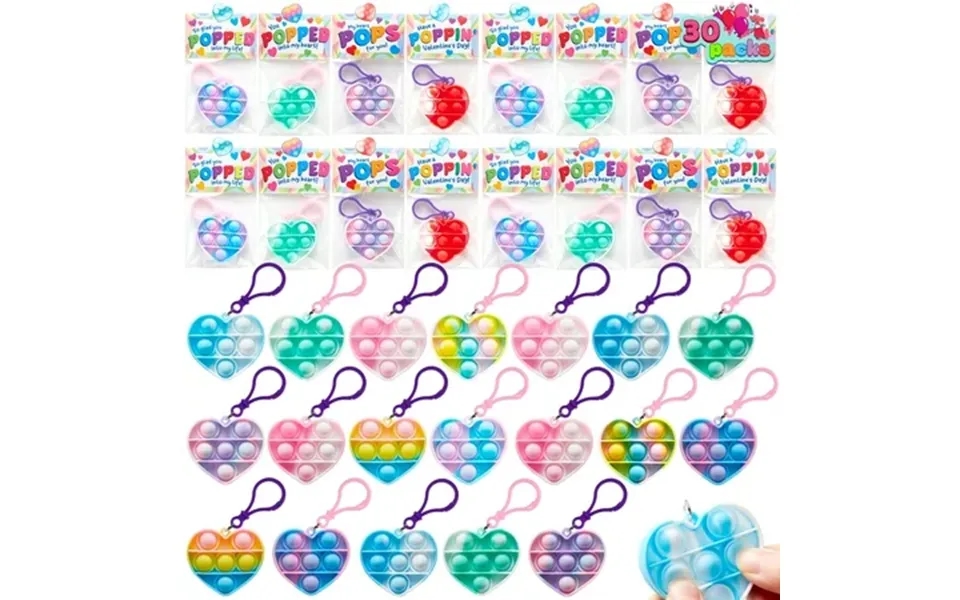 Joyfy 30 Packs Valentines Day Gift Cards With Heart Pop Bubble Keychain Mini Pop Squeeze Toys Stress Relief Fidget Toys