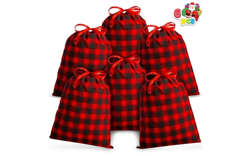 Joyfy 6 Pcs Christmas Fabric Drawstring Gift Bags 19 X 14.5 Reusable Christmas Sacks Buffalo Plaid Pouches Gift Wrapping