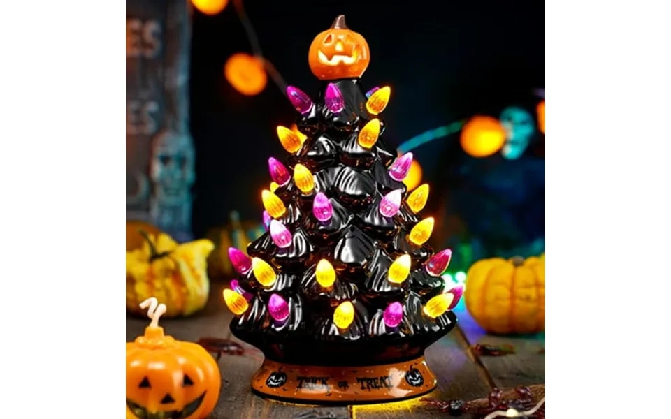 Joyfy 8.5 Inch Halloween Ceramic Tree Black Christmas Tree With Orange Pumpkin Over Multicolor Bulbs Led Light Up Batter