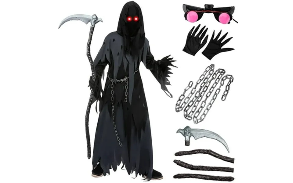 Joyfy Glowing Eyes Grim Reaper Costume For Kids Dark Knight Reaper Phantom Costume For Halloween Dress Up Role Playing C