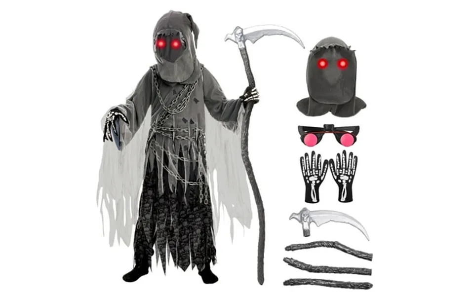 Joyfy Grim Reaper Costume For Kids Halloween Costume With Glowing Red Eyes For Child Halloween Party Dress Up 8-14 Years