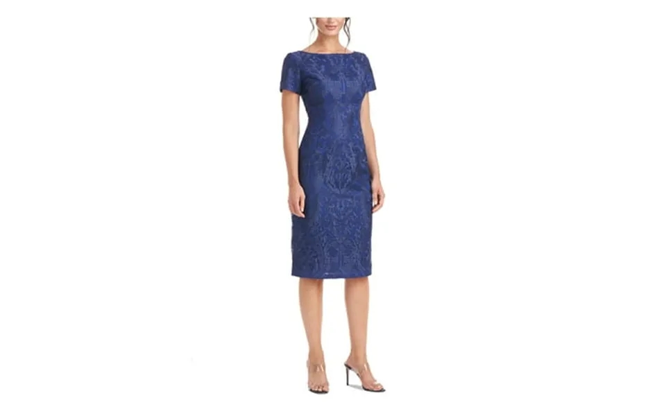 Js Collection Womens Blue Zippered Embroidered Lined Floral Short Sleeve Boat Neck Midi Party Sheath Dress 2