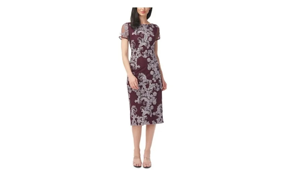 Js Collection Womens Burgundy Embroidered Zippered Soutache-trim Short Sleeve Boat Neck Below The Knee Evening Sheath Dr