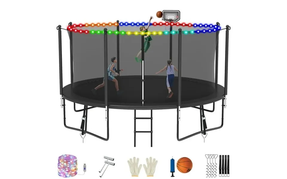 Jump Into Fun 12ft Trampoline For Adults 5-6 Kids 1200lbs Trampolines With Enclosure Led Light Basketball Hoop Wind Stak